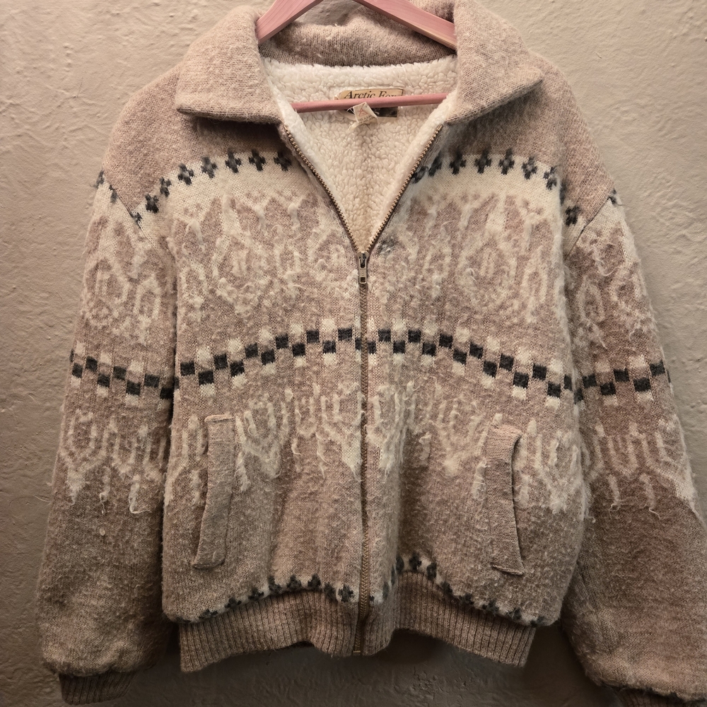 Vintage Nordic Sherpa Lined Wool Blend Bomber Jacket Arctic Fox Cozy Winter